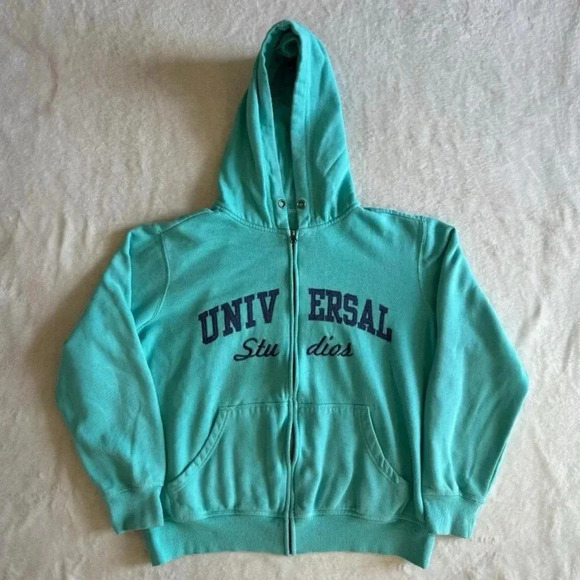 Universal Jackets & Blazers - Vintage 2000s Y2K Universal Studios Turquoise Zip-Up Jacket with Hood